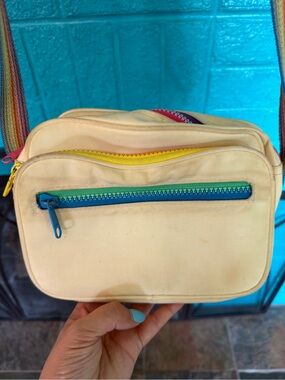 Cream Crossbody Canvas Bag with Rainbow Zippers